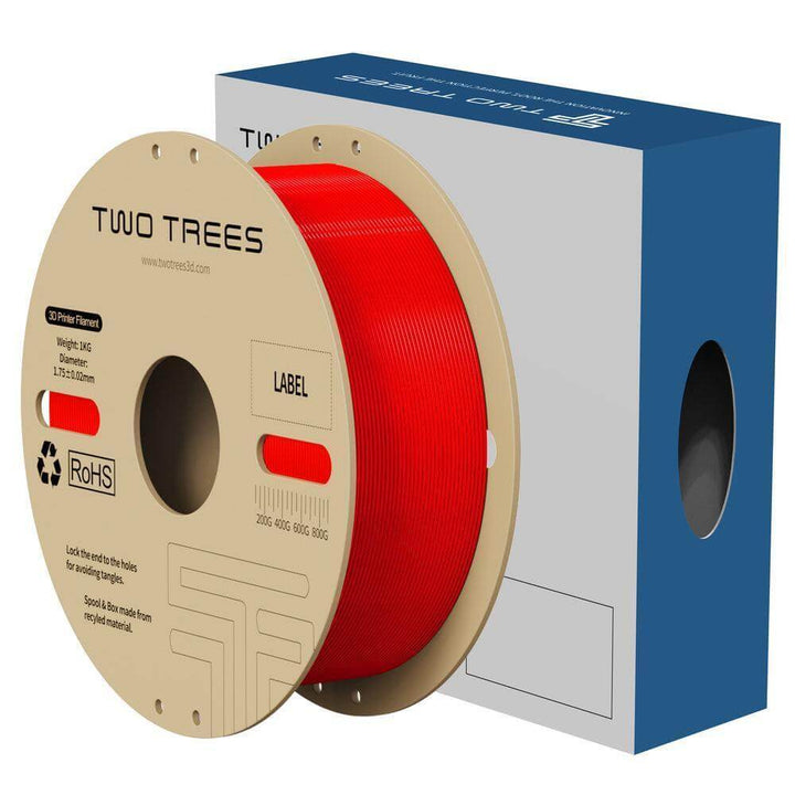 Spool of red filament with 'TWO TREES' branding next to a blue and white box. Twotrees Rapid PLA Plus 3D Filament for 3D Printers High Quality Printing Material | Twotrees 3D Printer Parts Accessories