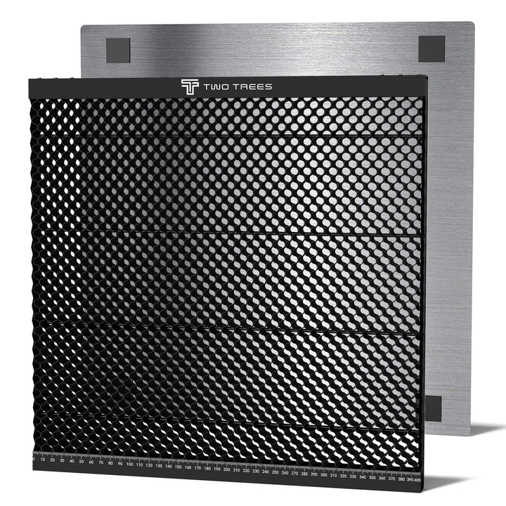 Metallic filter with mesh design and 'Two Trees' branding on a white background Twotrees Spliced Honeycomb Panel Workbench 400x400x22mm | Twotrees Laser Engraver Parts Accessories