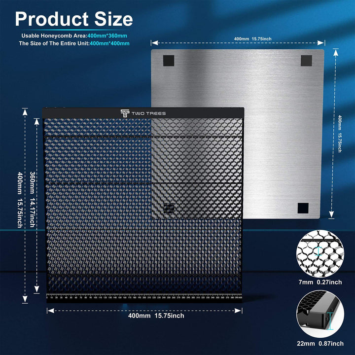 Two trees honeycomb panel with dimensions and product size details on a blue background Twotrees Spliced Honeycomb Panel Workbench 400x400x22mm | Twotrees Laser Engraver Parts Accessories