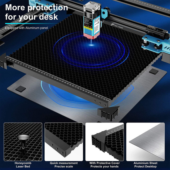 Laser engraving machine with protective features on a blue background Twotrees Spliced Honeycomb Panel Workbench 400x400x22mm | Twotrees Laser Engraver Parts Accessories