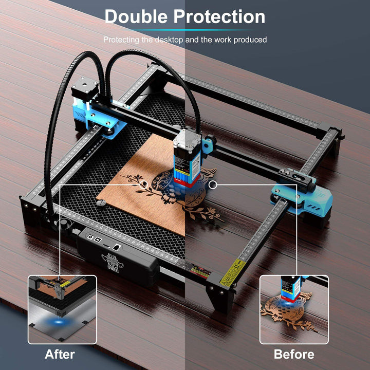 3D printer with protective cover on a wooden surface, showing 'Before' and 'After' effects. Twotrees Spliced Honeycomb Panel Workbench 400x400x22mm | Twotrees Laser Engraver Parts Accessories