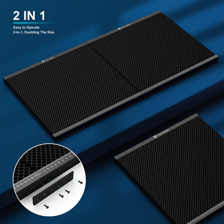 Two black mesh filters on a blue background with text indicating '2 IN 1' and 'Easy to Operate'. Twotrees Spliced Honeycomb Panel Workbench 500x500x22mm for Laser Engraving | Twotrees Laser Engraver Parts Accessories