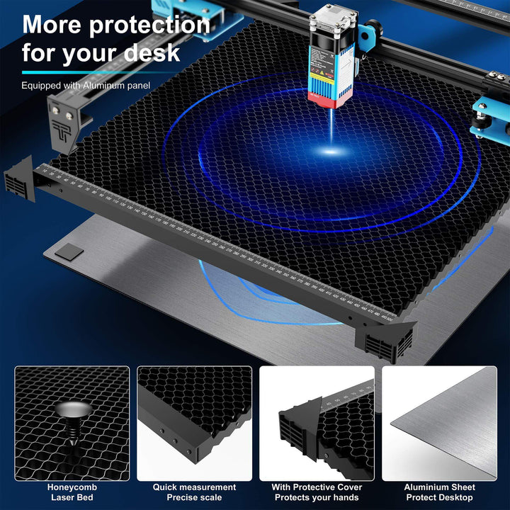 Laser engraving machine with protective cover and honeycomb laser bed on a blue background Twotrees Spliced Honeycomb Panel Workbench 500x500x22mm for Laser Engraving | Twotrees Laser Engraver Parts Accessories