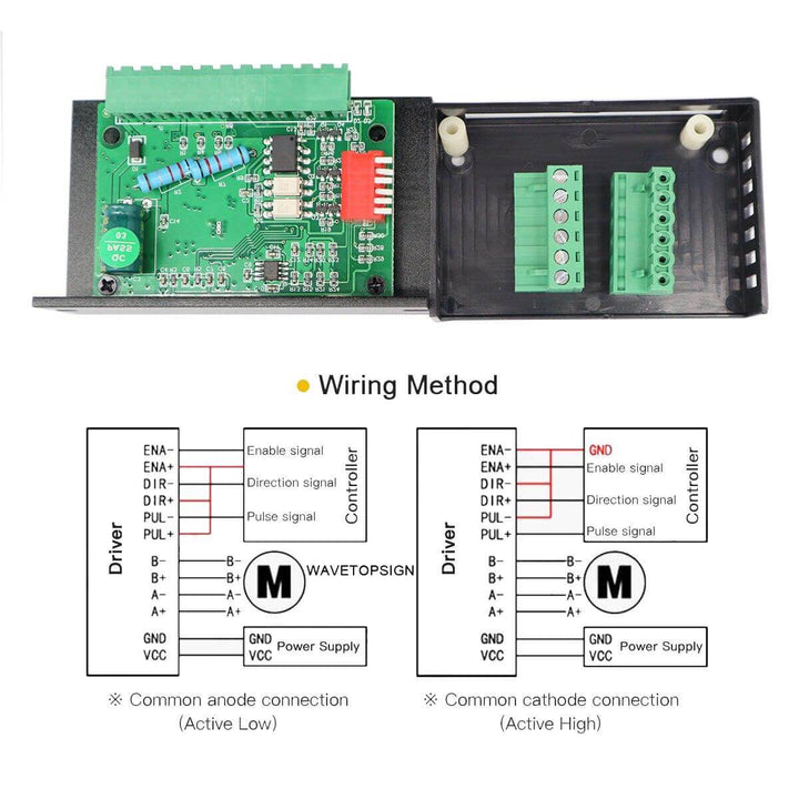 Electronic component with wiring diagrams on a white background Twotrees TB6600 Stepper Motor Driver for NEMA 23 & NEMA 17 | Twotrees CNC Router Parts Accessories