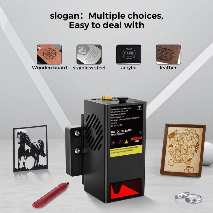 Laser engraving machine with examples of engraved items on wooden, stainless steel, acrylic, and leather boards. Twotrees TC20 Laser Module for TTC450 Pro TTC450 Ultra TTC6050 TTC H40 | Twotrees CNC Router Parts Accessories