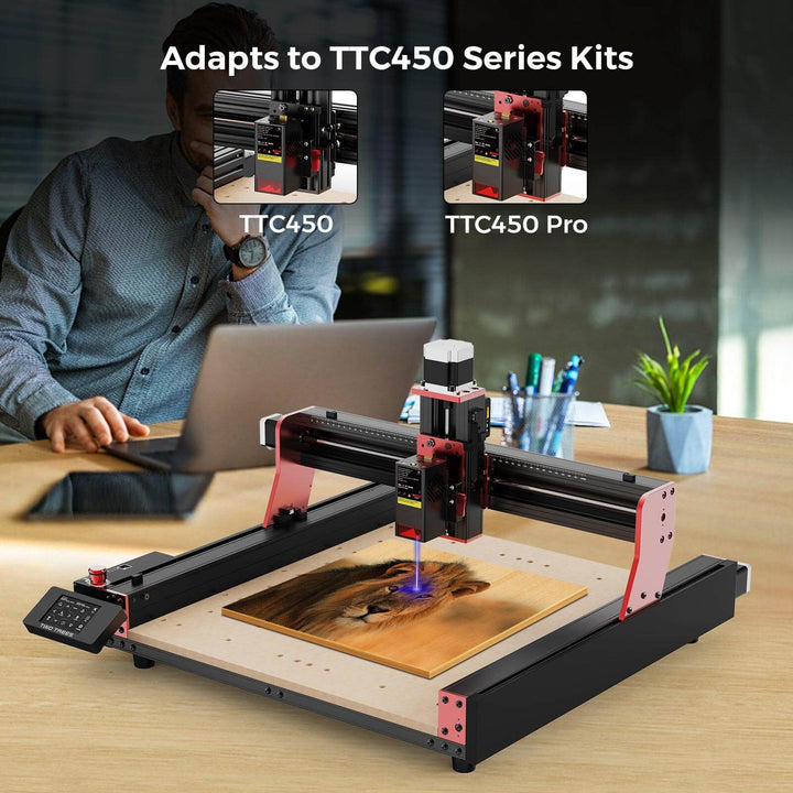 CNC machine on a desk with a person using a laptop, adapting to TTC450 Series Kits. Twotrees TC20 Laser Module for TTC450 Pro TTC450 Ultra TTC6050 TTC H40 | Twotrees CNC Router Parts Accessories