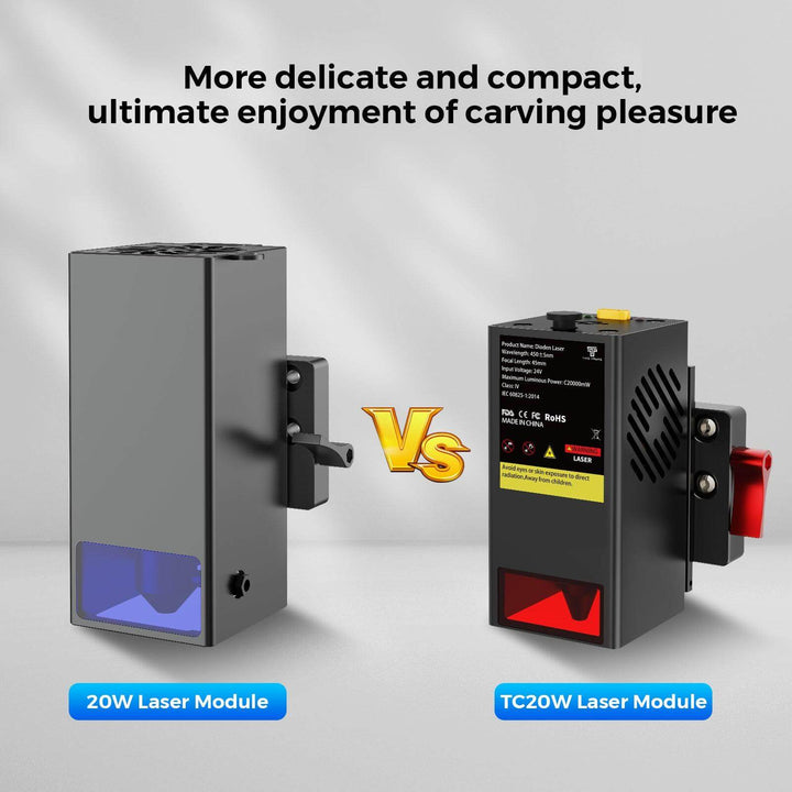 Two laser modules with text comparing their features on a gray background Twotrees TC20 Laser Module for TTC450 Pro TTC450 Ultra TTC6050 TTC H40 | Twotrees CNC Router Parts Accessories