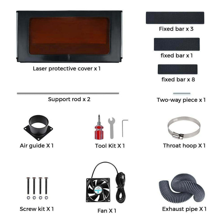 List of components for a laser machine, including a protective cover, support rods, tool kit, and exhaust pipe. Twotrees TE700 Laser Engraving Enclosure for CNC Machines Enhance Your Laser Cutting Experience | Twotrees Laser Engraver Parts Accessories