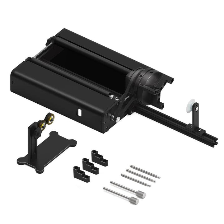 Black mechanical assembly with components on a white background Twotrees TR2 PRO Rotary Attachment for Laser Engraving | Twotrees Laser Engraver Parts Accessories