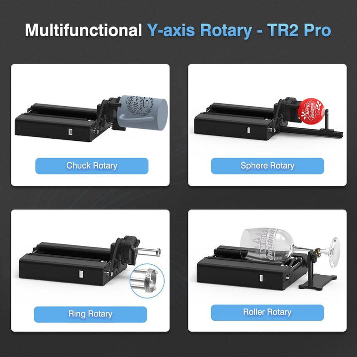 Multifunctional Y-axis Rotary TR2 Pro with different rotary functions on a gray background Twotrees TR2 PRO Rotary Attachment for Laser Engraving | Twotrees Laser Engraver Parts Accessories