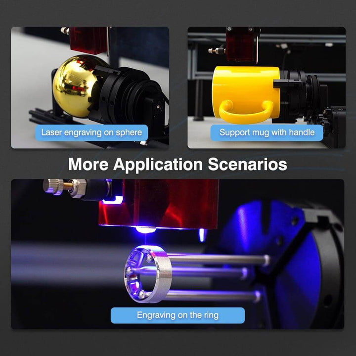 Collage of laser engraving applications on a dark background Twotrees TR2 PRO Rotary Attachment for Laser Engraving | Twotrees Laser Engraver Parts Accessories