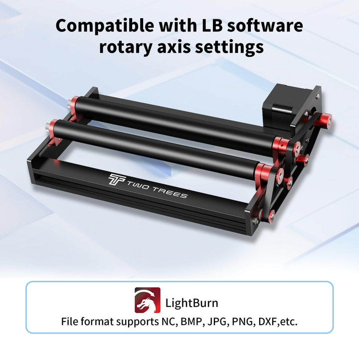 Rotary axis setting device with 'Two Trees' branding on a light blue background Twotrees TR3 Rotary Module for Laser Engraving Enhance Your Laser Engraving Experience | Twotrees Laser Engraver Parts Accessories