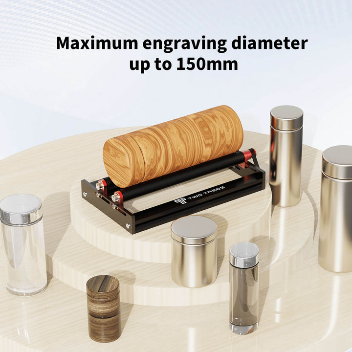 Engraving tool with wooden block and metal canisters on a light surface Twotrees TR3 Rotary Module for Laser Engraving Enhance Your Laser Engraving Experience | Twotrees Laser Engraver Parts Accessories