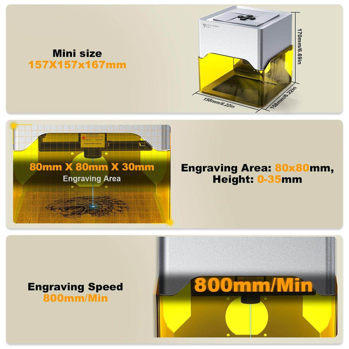 Technical specifications of a laser engraving machine including size, engraving area, and speed. Twotrees TS1 Mini Laser Engraver Machine Compact and High-Performance 3D Laser Engraving | Twotrees Laser Engraver