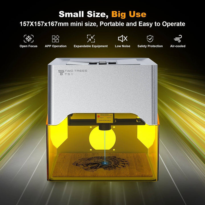 Portable laser engraving machine with glowing interior on a dark background Twotrees TS1 Mini Laser Engraver Machine Compact and High-Performance 3D Laser Engraving | Twotrees Laser Engraver