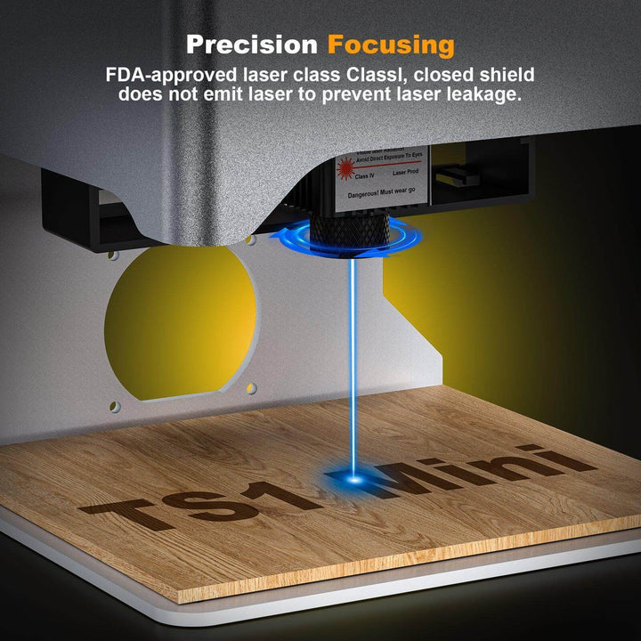Laser engraving machine with a closed shield on a wooden surface, emitting a blue laser. Twotrees TS1 Mini Laser Engraver Machine Compact and High-Performance 3D Laser Engraving | Twotrees Laser Engraver