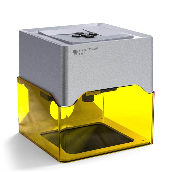 Three-dimensional printer with yellow base and silver top on a white background Twotrees TS1 Mini Laser Engraver Machine Compact and High-Performance 3D Laser Engraving | Twotrees Laser Engraver