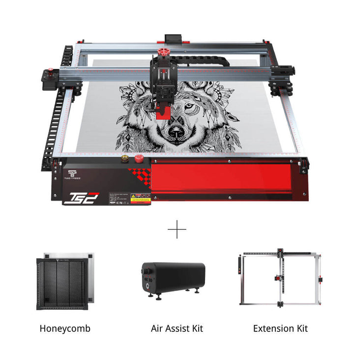 CNC machine with a wolf design on a white background, accompanied by honeycomb, air assist kit, and extension kit. Twotrees TS2 10W Diode Laser Engraver for Precision Crafting | Twotrees Laser Engraver
