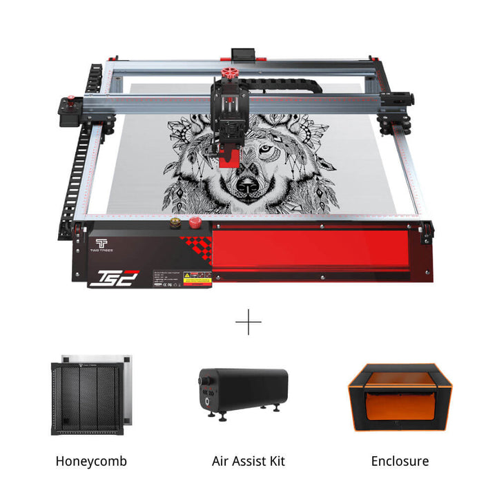 CNC machine with a wolf design on a white background, accompanied by accessories on a white background. Twotrees TS2 10W Diode Laser Engraver for Precision Crafting | Twotrees Laser Engraver