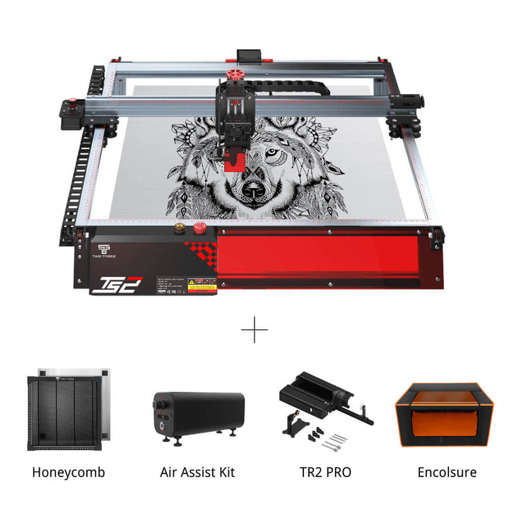 CNC machine with artwork on a white background, featuring accessories below. Twotrees TS2 10W Diode Laser Engraver for Precision Crafting | Twotrees Laser Engraver