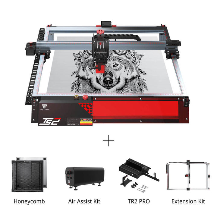 CNC machine with a wolf design on paper, surrounded by accessories on a white background Twotrees TS2 10W Diode Laser Engraver for Precision Crafting | Twotrees Laser Engraver