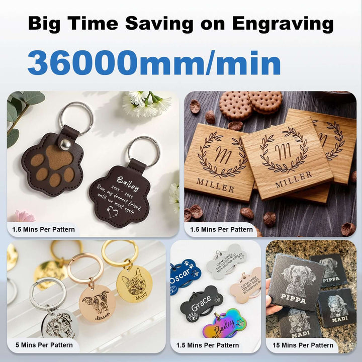 Engraved products including keychains and wooden signs with engraved text on a white background. Twotrees TS2 20W Laser Engraver High Precision Wood & Metal Engraving | Twotrees Laser Engraver