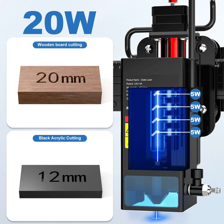 Laser cutting machine with power rating and material cutting capacity displayed Twotrees TS2 20W Laser Engraver High Precision Wood & Metal Engraving | Twotrees Laser Engraver