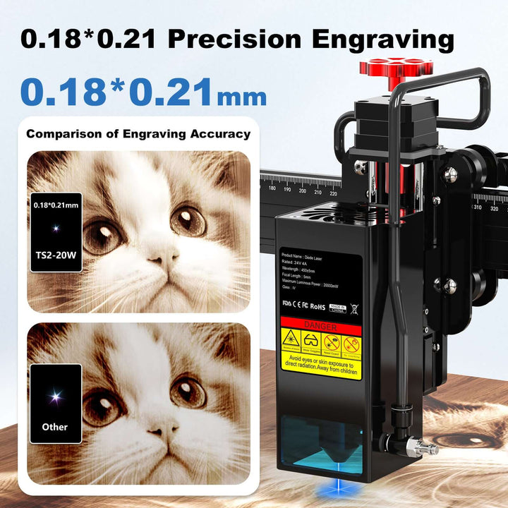 Laser engraving machine with precision engraving details and a comparison of engraving accuracy on a cat's face. Twotrees TS2 20W Laser Engraver High Precision Wood & Metal Engraving | Twotrees Laser Engraver