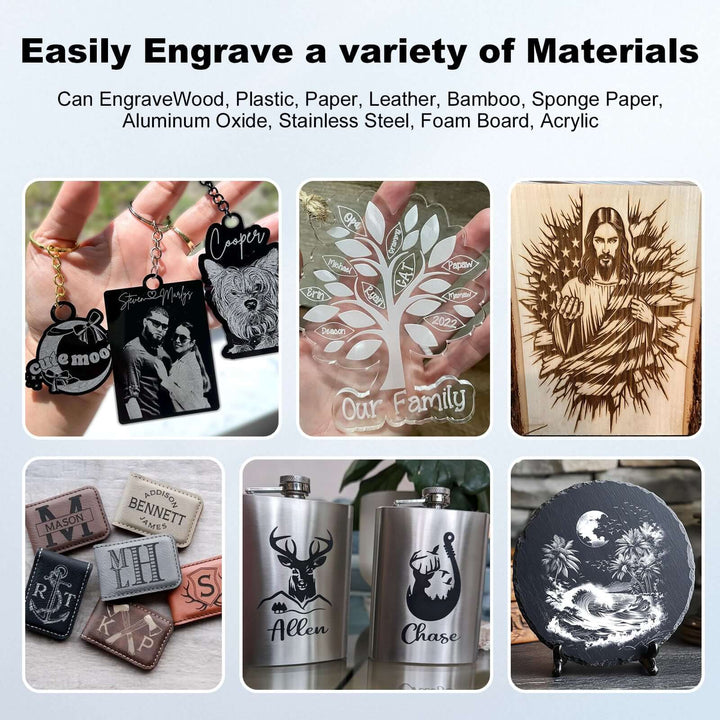 Collage of engraved items on various materials with text about engraving capabilities. Twotrees TS2 20W Laser Engraver High Precision Wood & Metal Engraving | Twotrees Laser Engraver