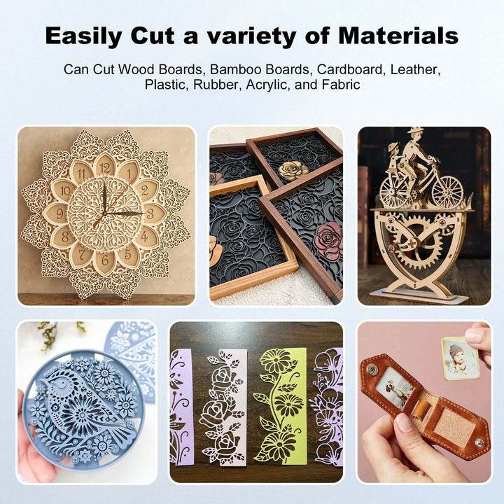 Collage of laser-cut products including a clock, jewelry boxes, and decorative items on a white background. Twotrees TS2 20W Laser Engraver High Precision Wood & Metal Engraving | Twotrees Laser Engraver