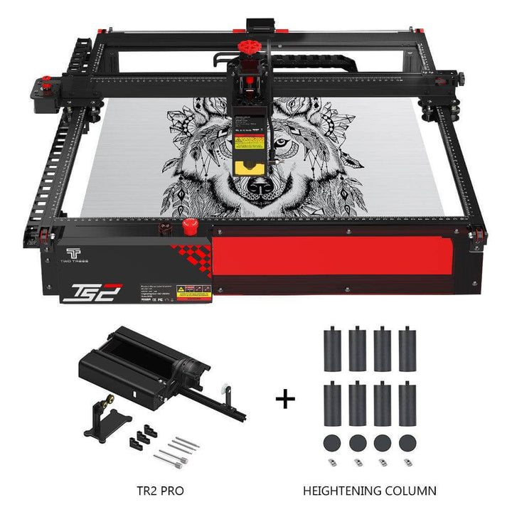 CNC machine with tiger design on a white background, featuring accessories like TR2 PRO and heightening column. Twotrees TS2 20W Laser Engraver High Precision Wood & Metal Engraving | Twotrees Laser Engraver