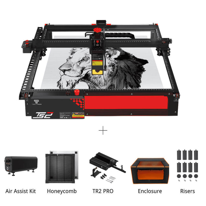 Laser engraving machine with a lion design on a white background, surrounded by additional components. Twotrees TS2 20W Laser Engraver High Precision Wood & Metal Engraving | Twotrees Laser Engraver