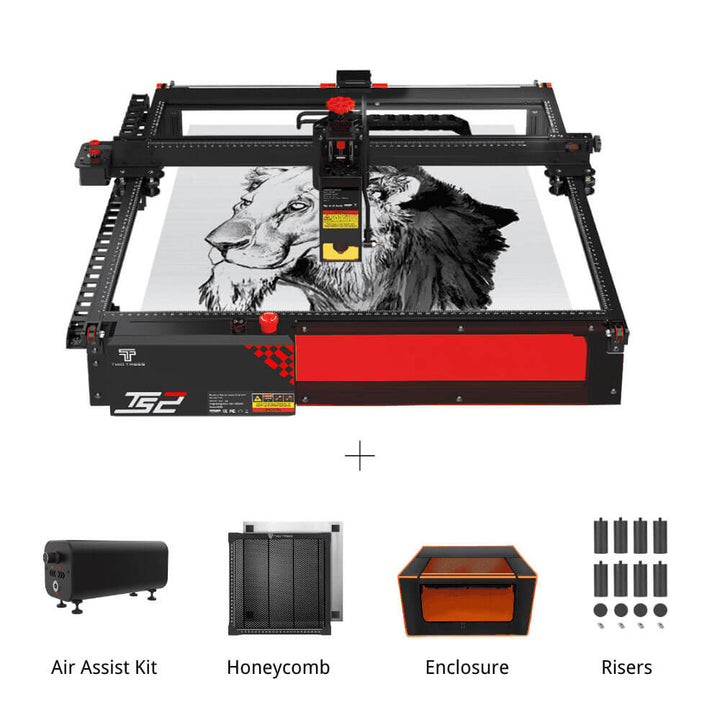 CNC machine with a lion design on a white background, accompanied by accessories like an air assist kit, honeycomb, enclosure, and risers. Twotrees TS2 20W Laser Engraver High Precision Wood & Metal Engraving | Twotrees Laser Engraver
