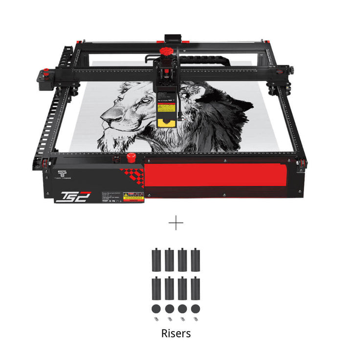 Laser engraving machine with a lion design on a white background, accompanied by risers. Twotrees TS2 20W Laser Engraver High Precision Wood & Metal Engraving | Twotrees Laser Engraver