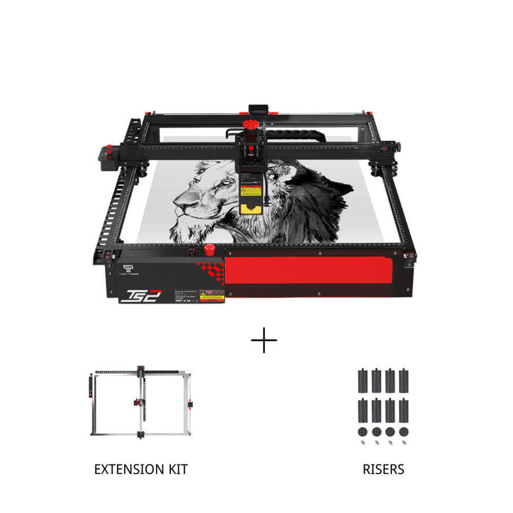 Laser cutting machine with a lion design on a white background, accompanied by an extension kit and risers. Twotrees TS2 20W Laser Engraver High Precision Wood & Metal Engraving | Twotrees Laser Engraver