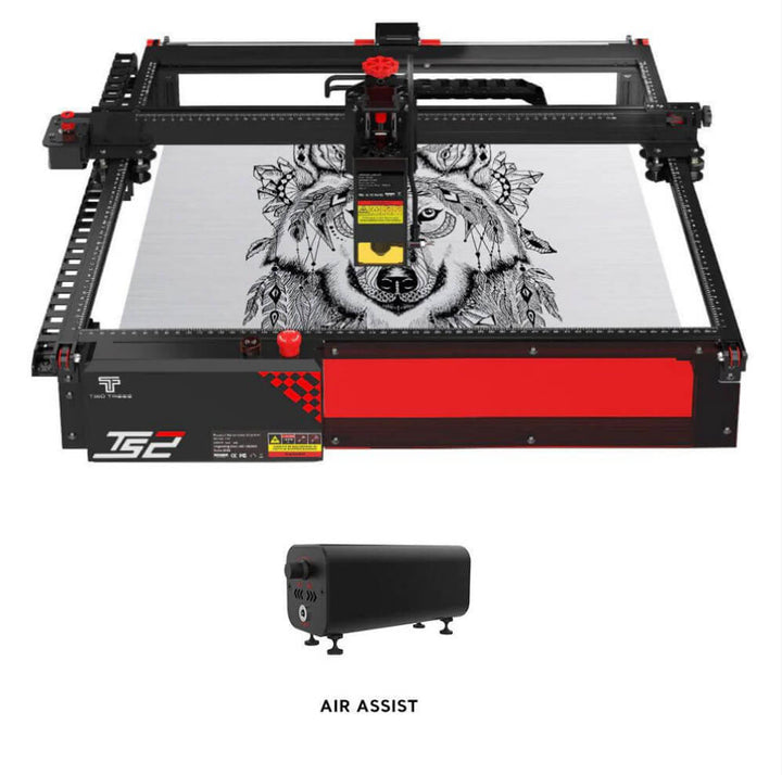 Laser engraving machine with a wolf design on a white background Twotrees TS2 20W Laser Engraver High Precision Wood & Metal Engraving | Twotrees Laser Engraver