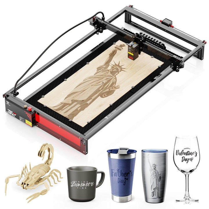 Laser engraving machine with engraved wood, decorative items including a scorpion model, mugs, tumblers, and a wine glass. Twotrees TS2 20W Max Laser Engraver Precision Wood & Metal Cutting Machine | Twotrees Laser Engraver
