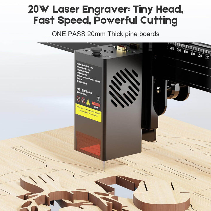 Laser engraver cutting a wooden board with text highlighting features on a white background Twotrees TS2 20W Max Laser Engraver Precision Wood & Metal Cutting Machine | Twotrees Laser Engraver