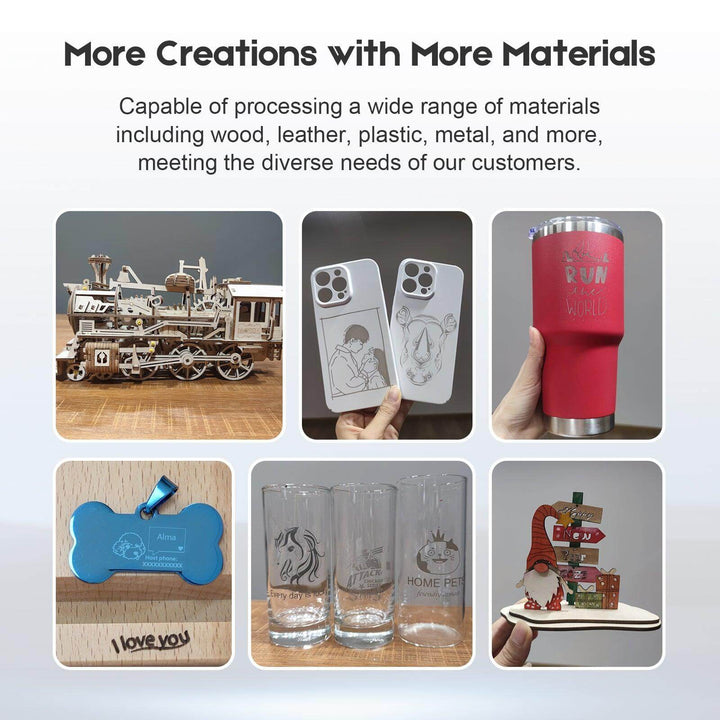Collage of various crafted items including a train model, engraved phone cases, a red tumbler, engraved dog tags, engraved glasses, and a gnome figure. Twotrees TS2 20W Max Laser Engraver Precision Wood & Metal Cutting Machine | Twotrees Laser Engraver