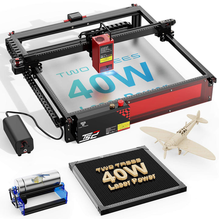 Laser engraving machine with laser power display and engraved items on a white background Twotrees TS2 40W Laser Engraver Precision Engraving and Cutting Machine | Twotrees Laser Engraver