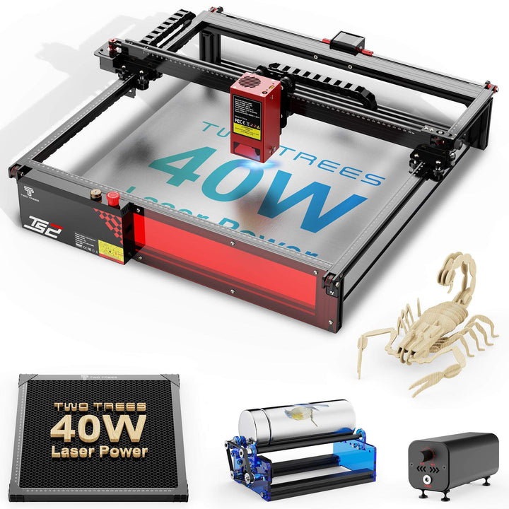 Laser engraving machine with '40W' branding, laser power display, and a small wooden scorpion model. Twotrees TS2 40W Laser Engraver Precision Engraving and Cutting Machine | Twotrees Laser Engraver