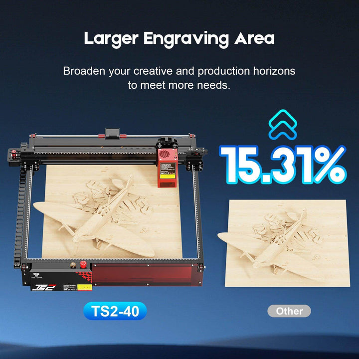 Laser engraving machine with a larger engraving area on a blue background, featuring text about its capabilities. Twotrees TS2 40W Laser Engraver Precision Engraving and Cutting Machine | Twotrees Laser Engraver