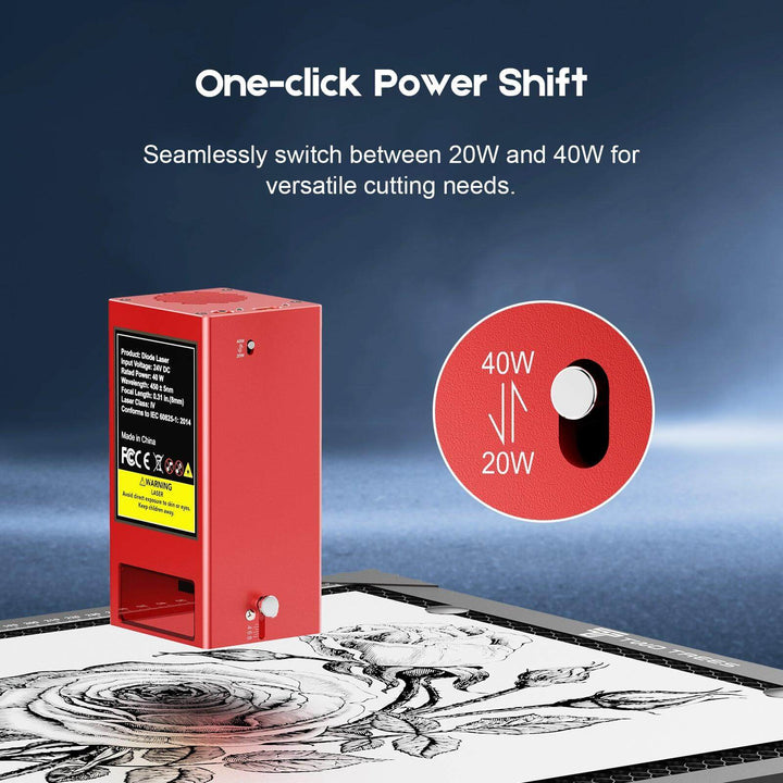 Red power supply unit with one-click power shift feature on a blue gradient background Twotrees TS2 40W Laser Engraver Precision Engraving and Cutting Machine | Twotrees Laser Engraver