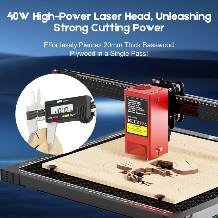 CNC machine with laser head on a wooden surface, surrounded by text about its power and capabilities. Twotrees TS2 40W Laser Engraver Precision Engraving and Cutting Machine | Twotrees Laser Engraver