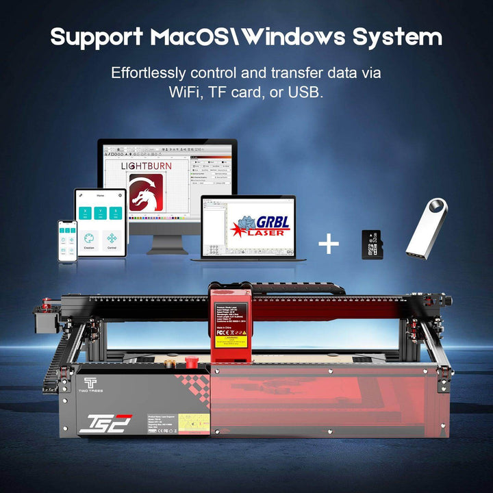 Laser engraving machine with computer monitors displaying software on a blue background Twotrees TS2 40W Laser Engraver Precision Engraving and Cutting Machine | Twotrees Laser Engraver