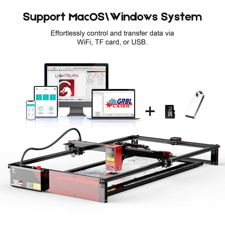 Laser engraving machine with computer monitors displaying software interfaces on a white background. Twotrees TS2 40W Max Laser Engraver for Precision Cutting | Twotrees Laser Engraver