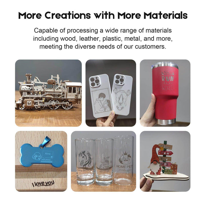 Collage of various crafted items including a toy train, phone cases, tumblers, a bone-shaped pet tag, glasses, and a gnome figure. Twotrees TS2 40W Max Laser Engraver for Precision Cutting | Twotrees Laser Engraver