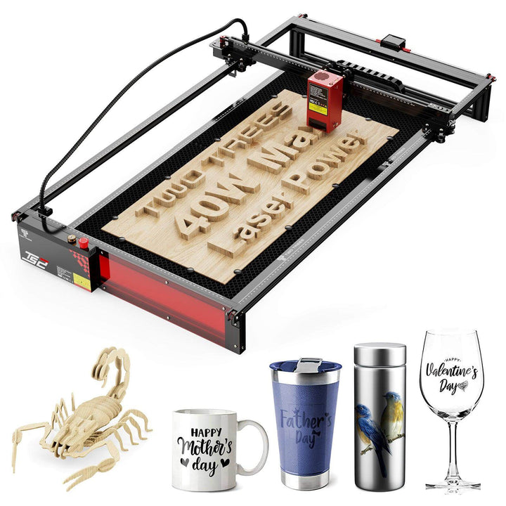 Laser engraving machine with engraved wood, Mother's Day mug, Father's Day tumbler, and Valentine's Day glass. Twotrees TS2 40W Max Laser Engraver for Precision Cutting | Twotrees Laser Engraver
