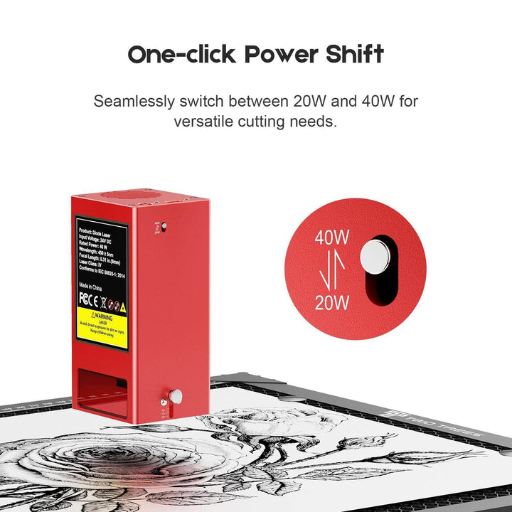 Red power supply unit with one-click power shift feature on a white background Twotrees TS2 40W Max Laser Engraver for Precision Cutting | Twotrees Laser Engraver