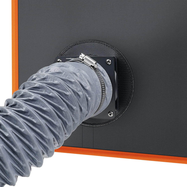Gray duct connected to a black exhaust fan on a black wall with orange trim. Twotrees TS2 Laser Engraver Enclosure with Smoke Control | Twotrees Laser Engraver Parts Accessories
